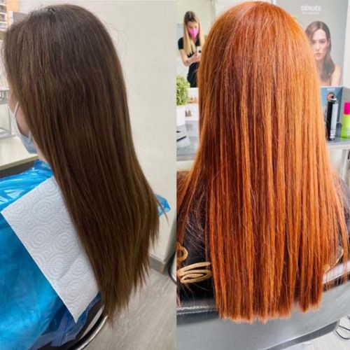 Antes y después de un cambio de color de pelo a degradados rojos
