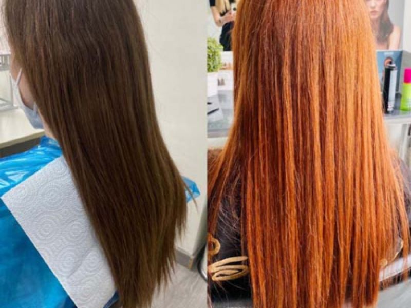 Antes y después de un cambio de color de pelo a degradados rojos
